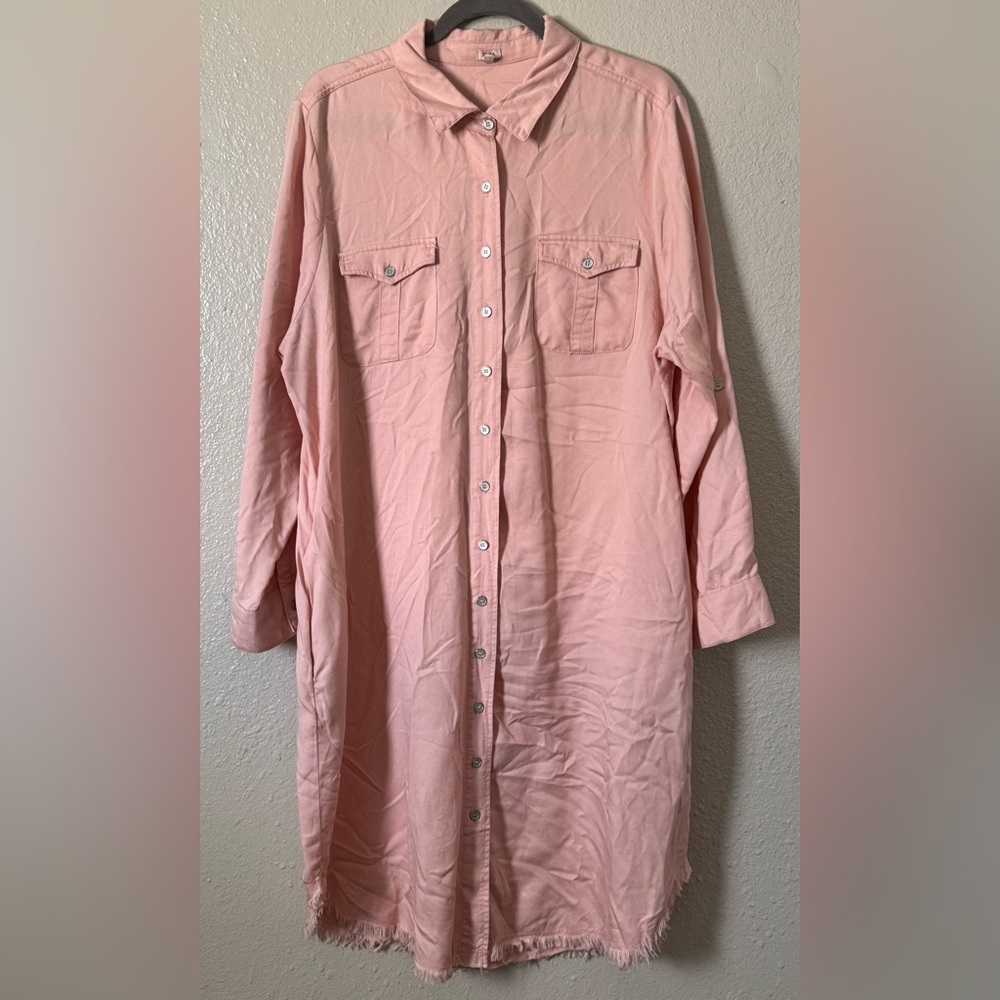 W Sz.XL Reba Pink Frayed Button Front Shirt MIDI Dress Roll Minimalist Office